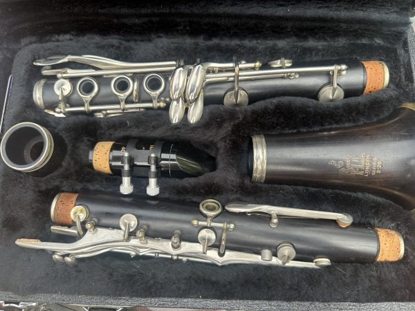 Boosey & Hawkes 2-20 clarinet, fully overhauled by Jennifer Pollmann, displayed in its case with keys, corks, and mouthpiece