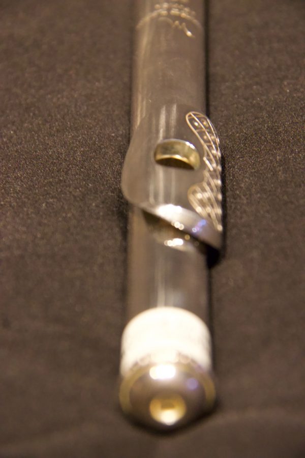 End cap view of JBW Hubert Laws silver headjoint, showing engraved perforated lip plate detail