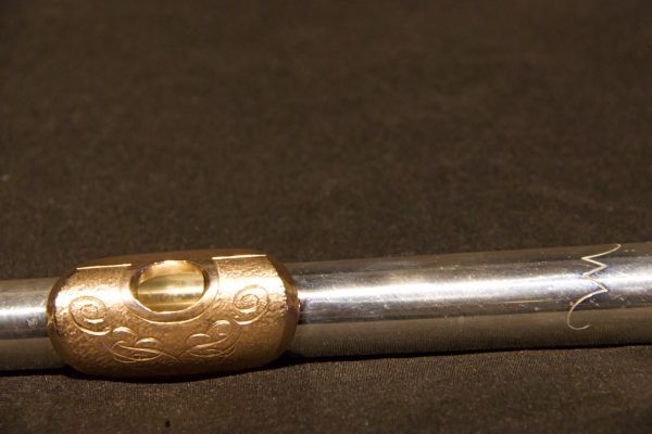 Angled view highlighting engraving on gold lip plate