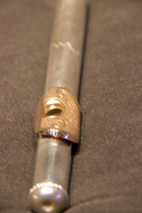 End view of Jeff Weissman flute headjoint with engraved gold-plated lip plate