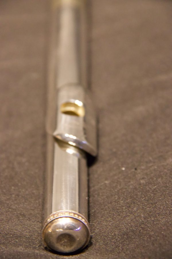 Perspective shot of Jeff Weissman solid silver headjoint showing engraved design