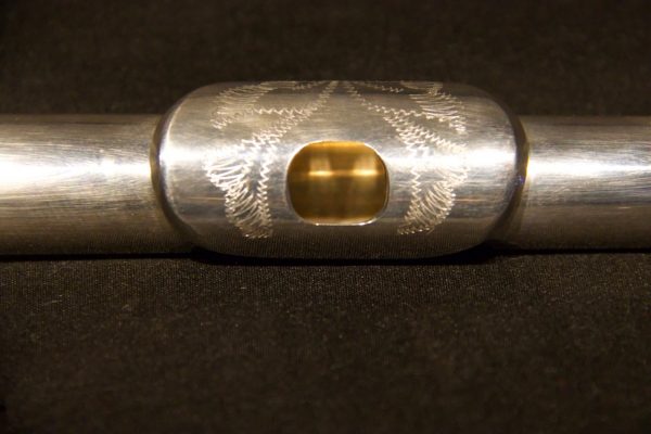 Detail of alternate engraved lip plate on Jeff Weissman solid silver flute headjoint