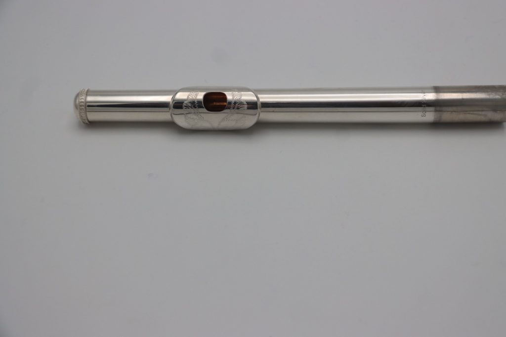 Weissman McKenna silver flute headjoint with sleek modern engraved lip plate design