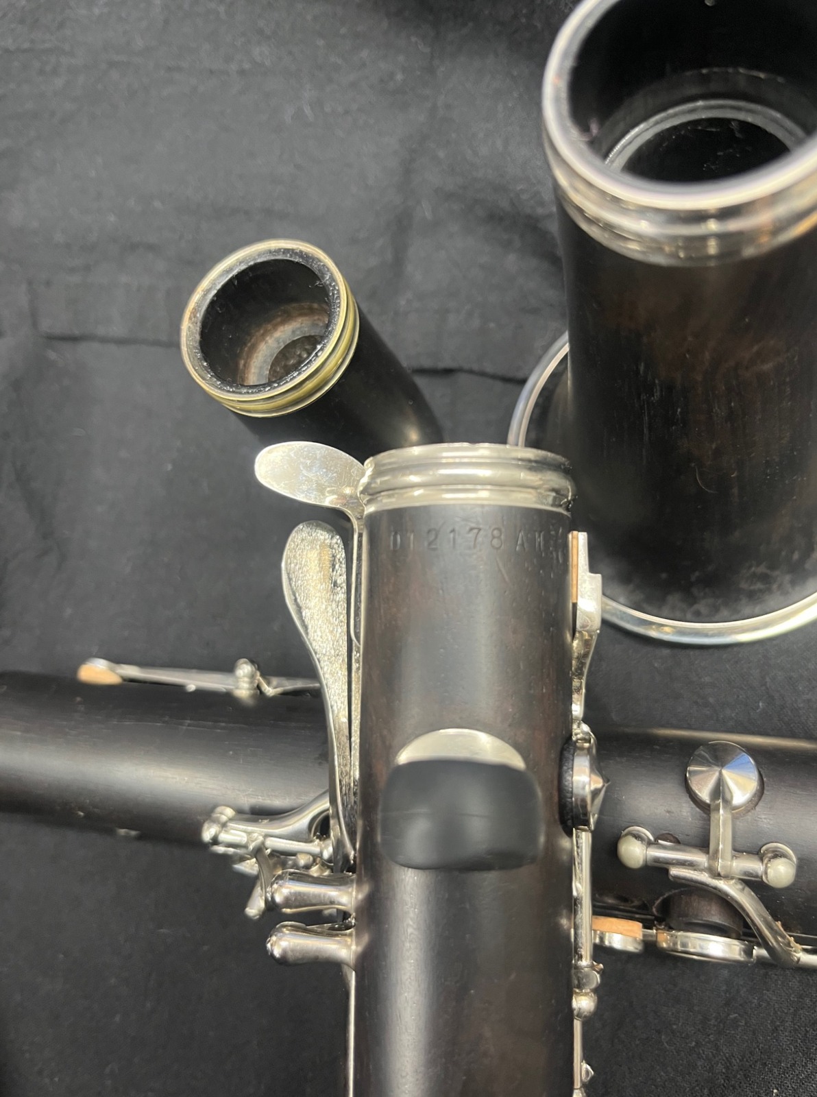 Close-up of Yamaha wood clarinet serial number and upper joint tenon